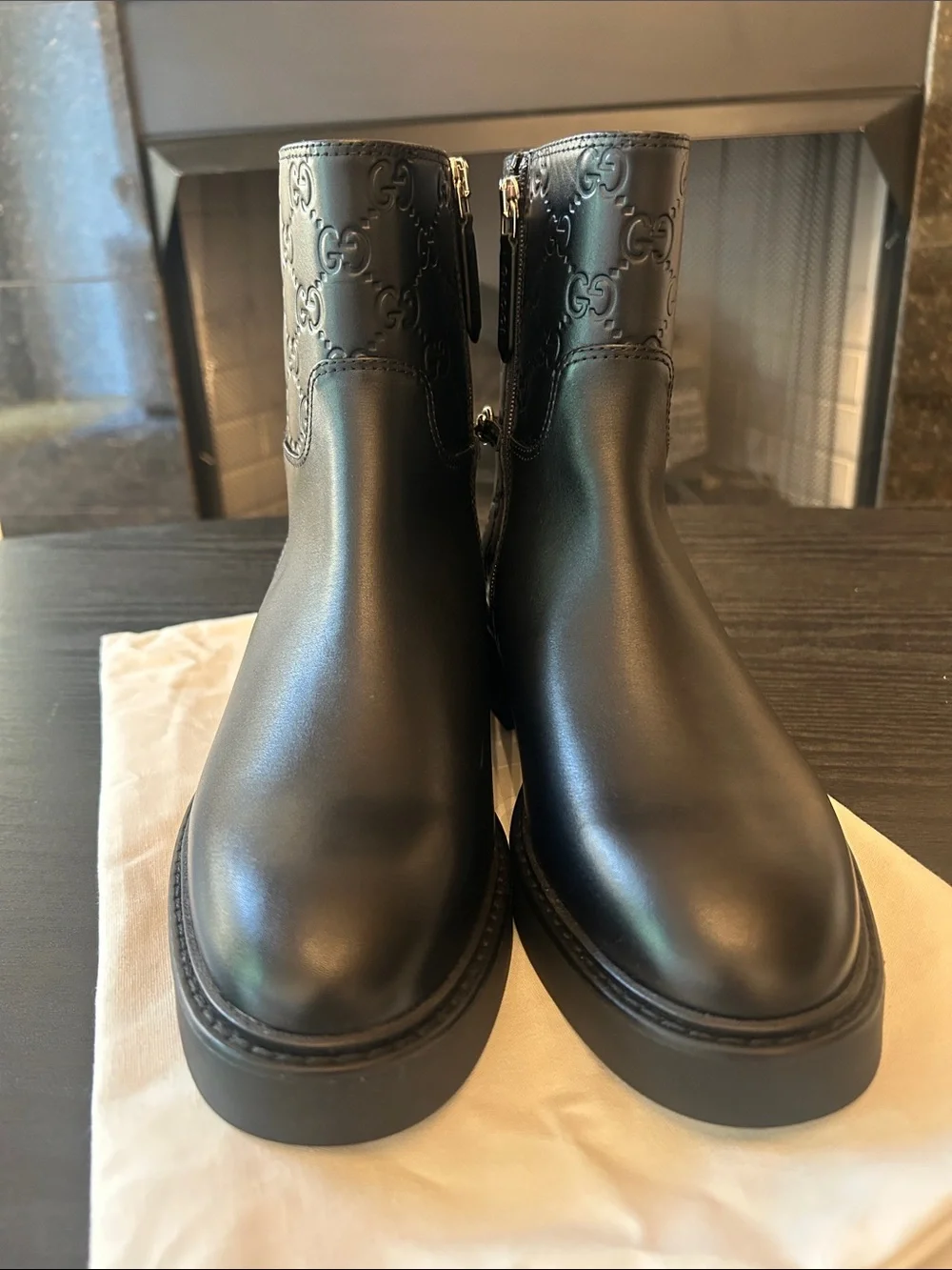 Gucci Black Embossed GG Leather Ankle Boots